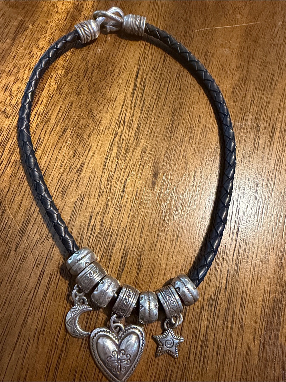 Brighton Silver Charm Heart & Star Braided Leather Necklace - Black